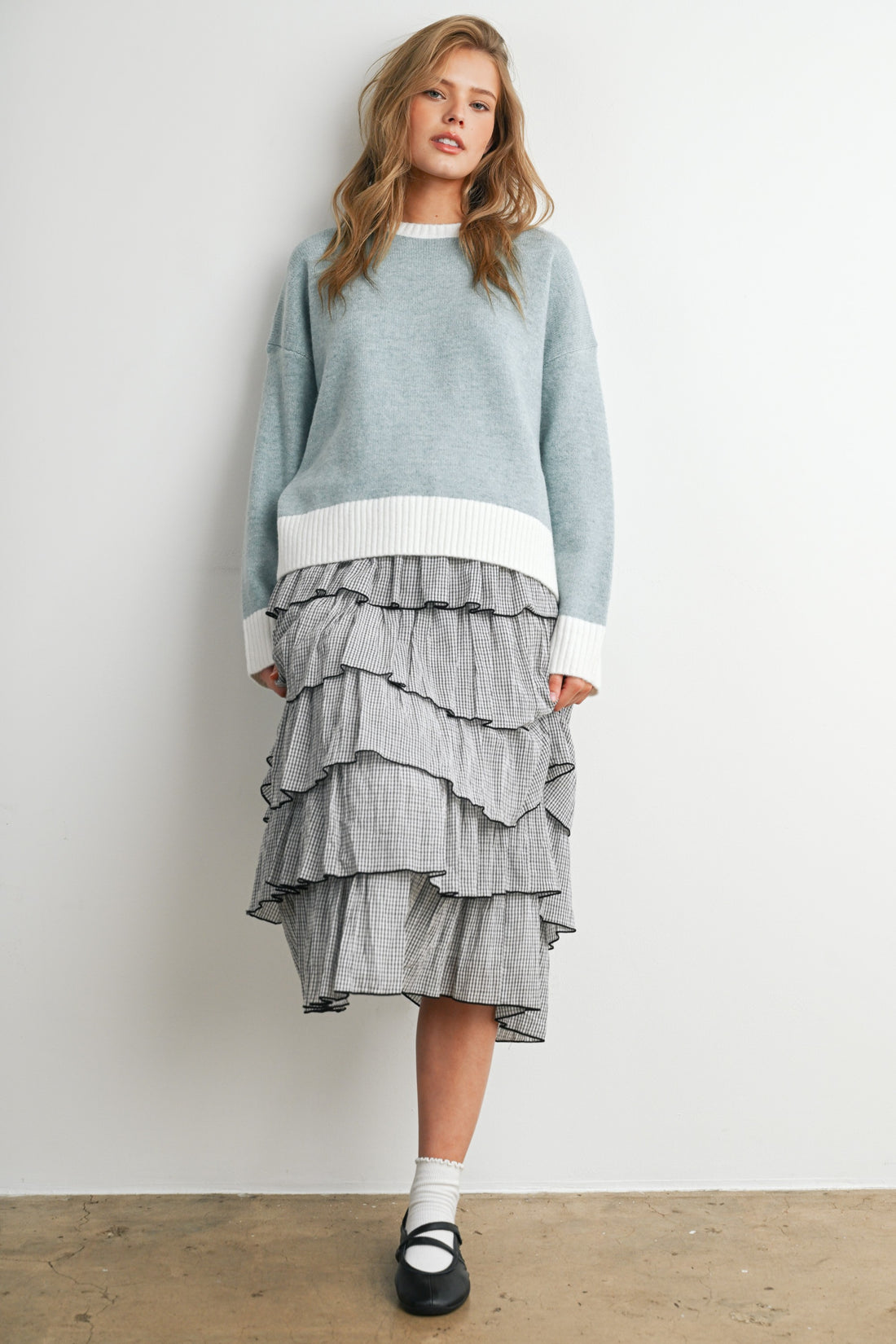 Blue and Ivory contrast-trim sweater, full-length styling view