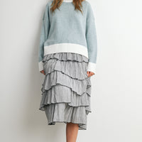 Blue and Ivory contrast-trim sweater, full-length styling view