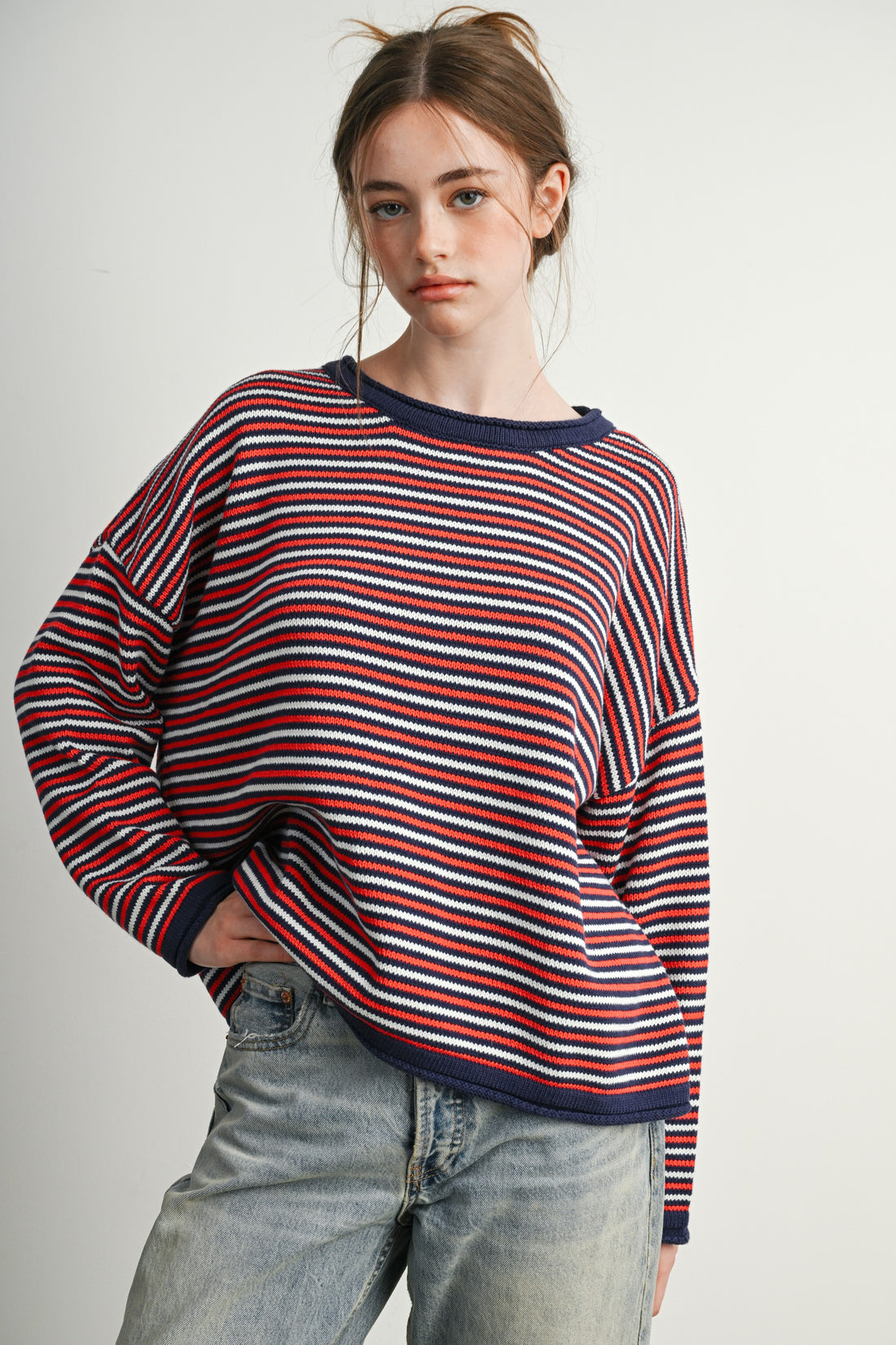 Navy Multi striped relaxed crew neck sweater, front view on model