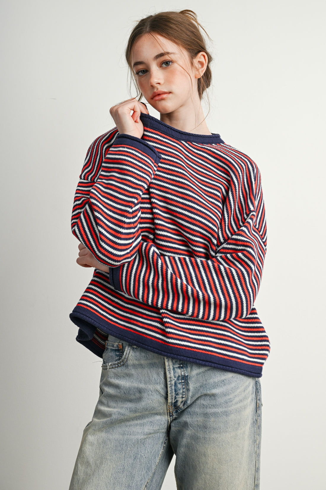 Navy Multi striped oversized knit sweater, angled front view