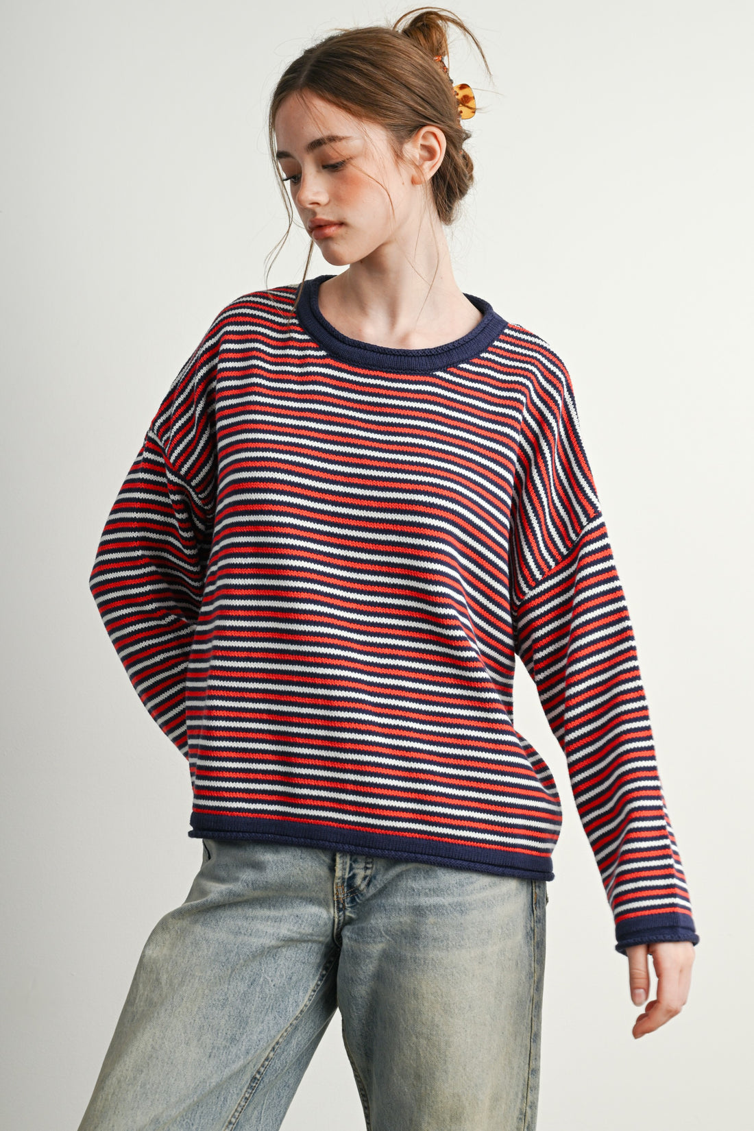 Navy Multi horizontal stripe sweater, relaxed front pose