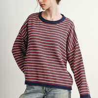 Navy Multi horizontal stripe sweater, relaxed front pose