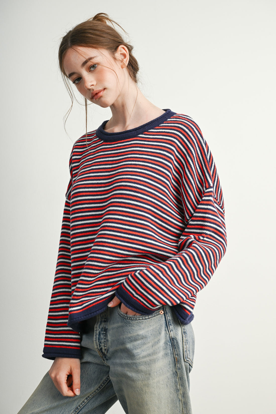 Navy Multi crew neck striped sweater, three-quarter front view