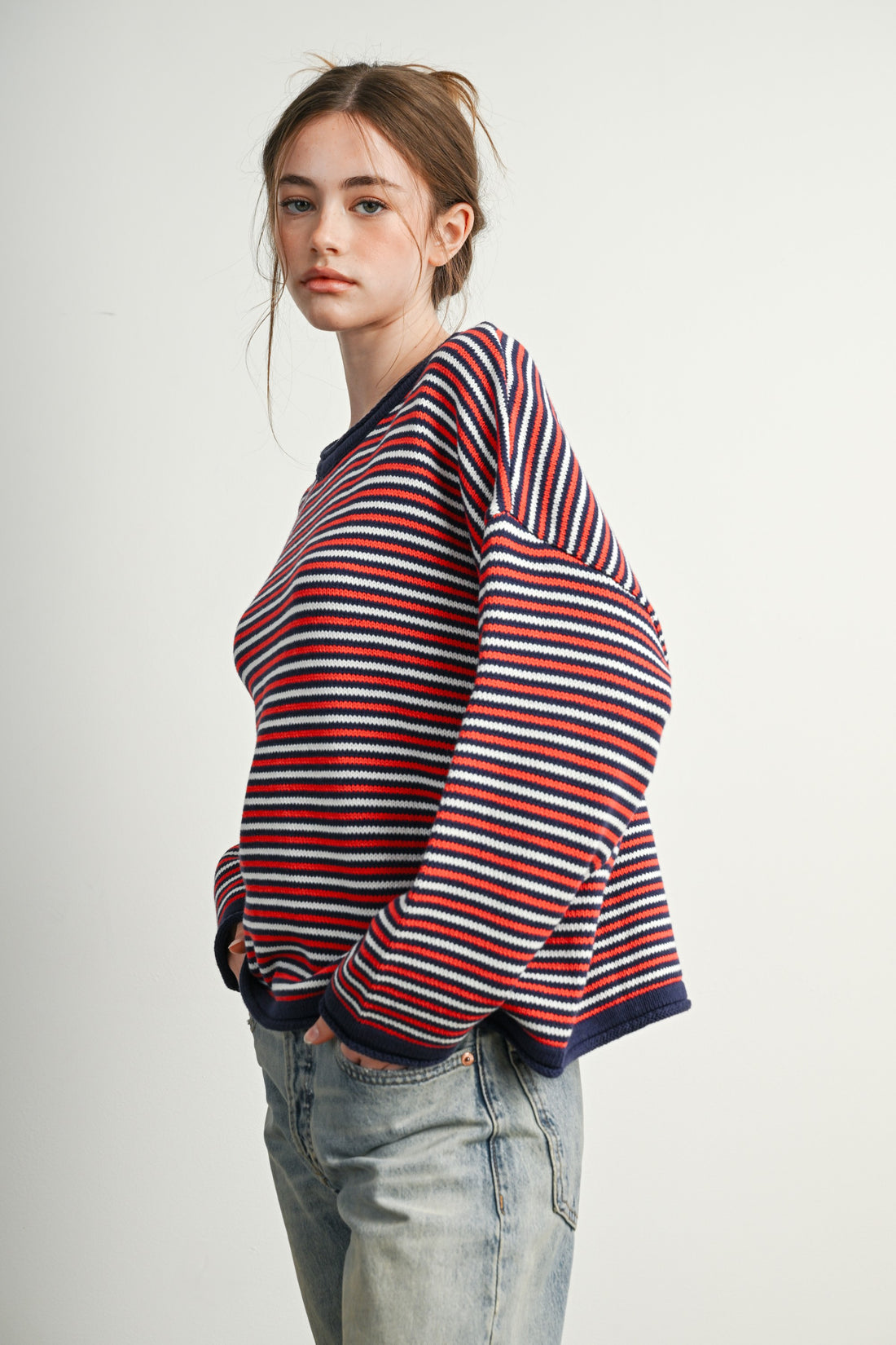 Navy Multi relaxed striped knit sweater, side view
