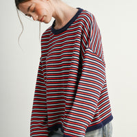Navy Multi striped sweater with drop shoulders, side pose
