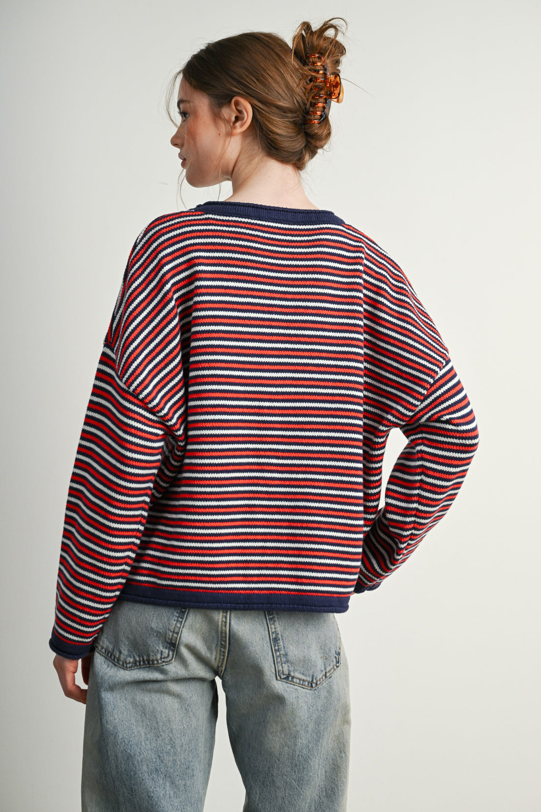 Navy Multi relaxed striped crew neck sweater, back view