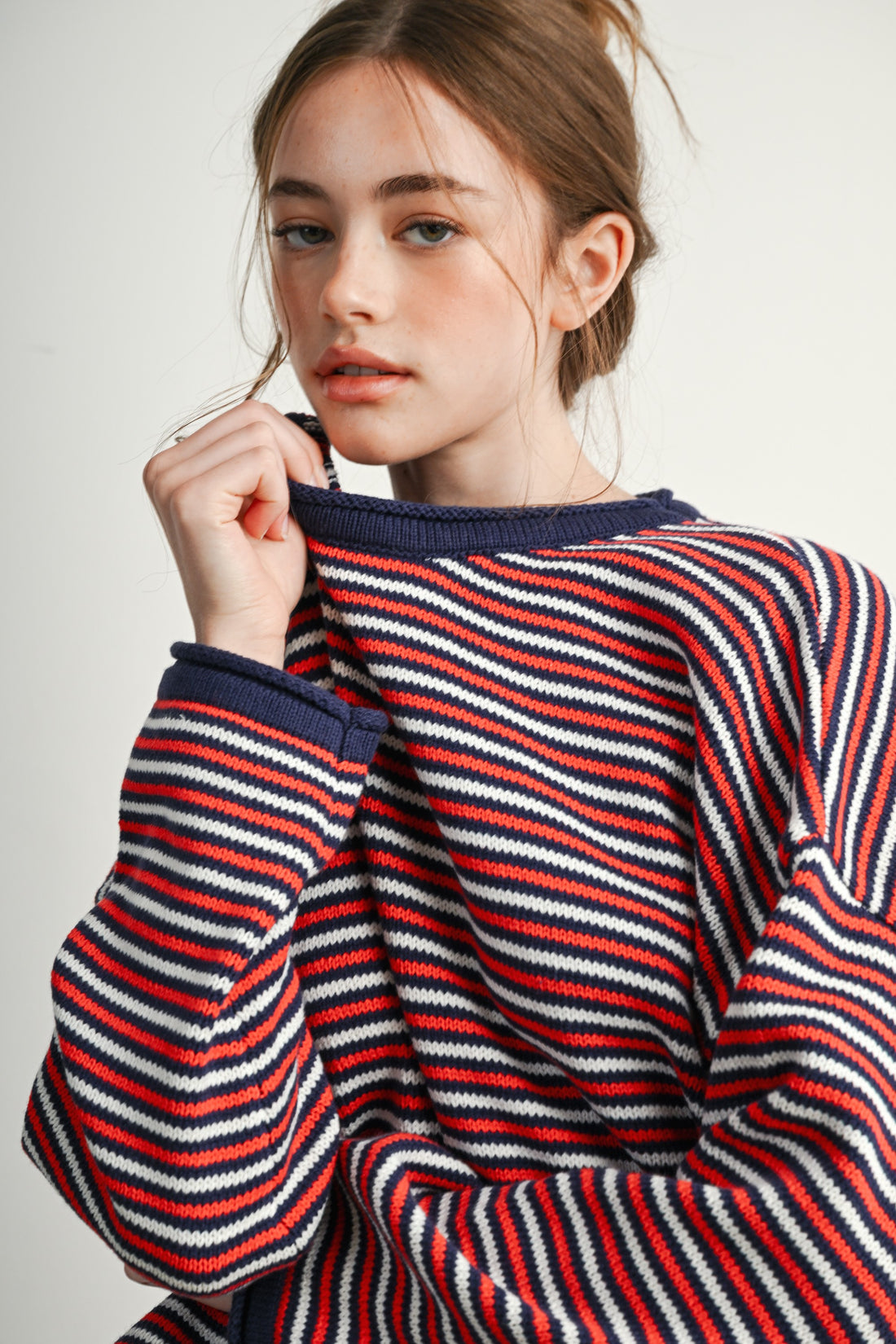 Navy Multi multi-stripe sweater with ribbed crew neckline, close-up