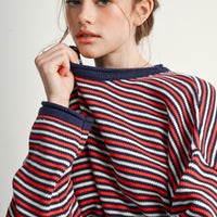 Navy Multi multi-stripe sweater with ribbed crew neckline, close-up