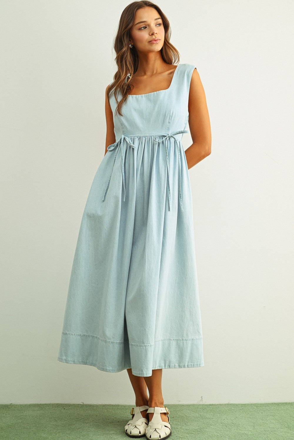 Soft Chambray Light Denim Sleeveless Tie Waist Dress