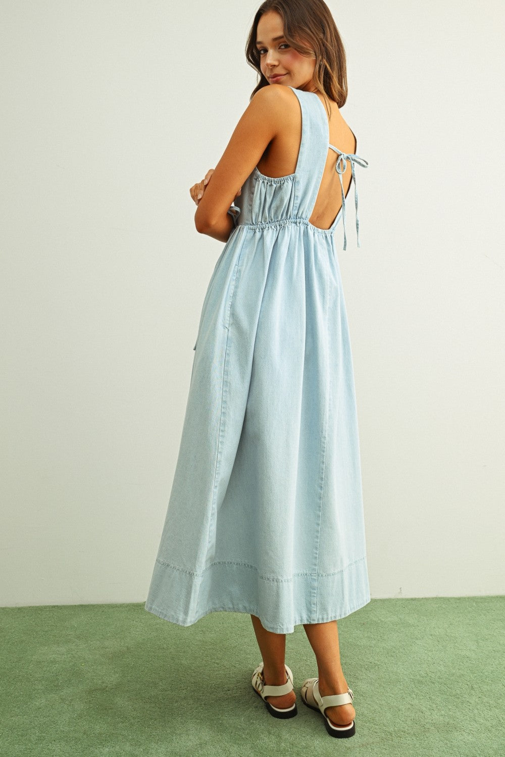 Soft Chambray Light Denim Sleeveless Tie Waist Dress