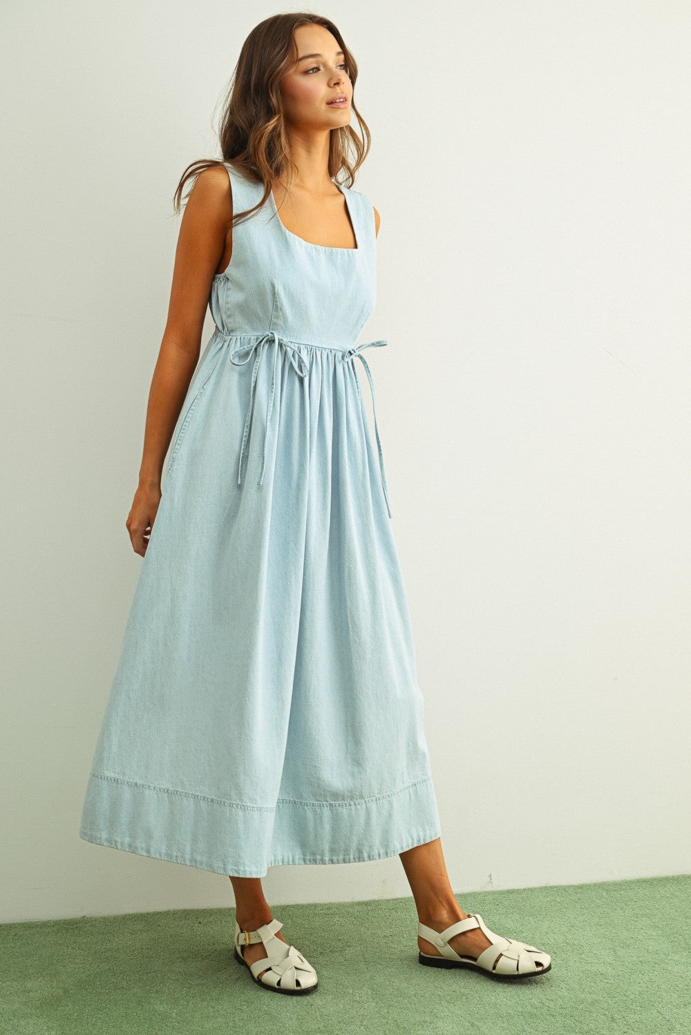 Soft Chambray Light Denim Sleeveless Tie Waist Dress
