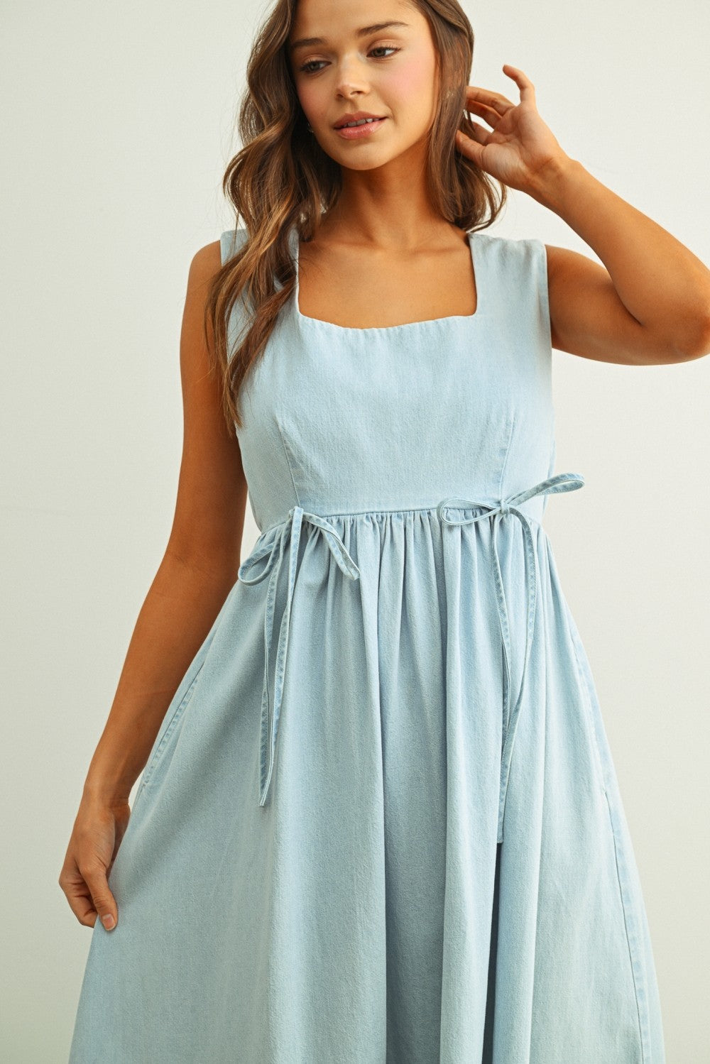 Soft Chambray Light Denim Sleeveless Tie Waist Dress