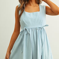 Soft Chambray Light Denim Sleeveless Tie Waist Dress