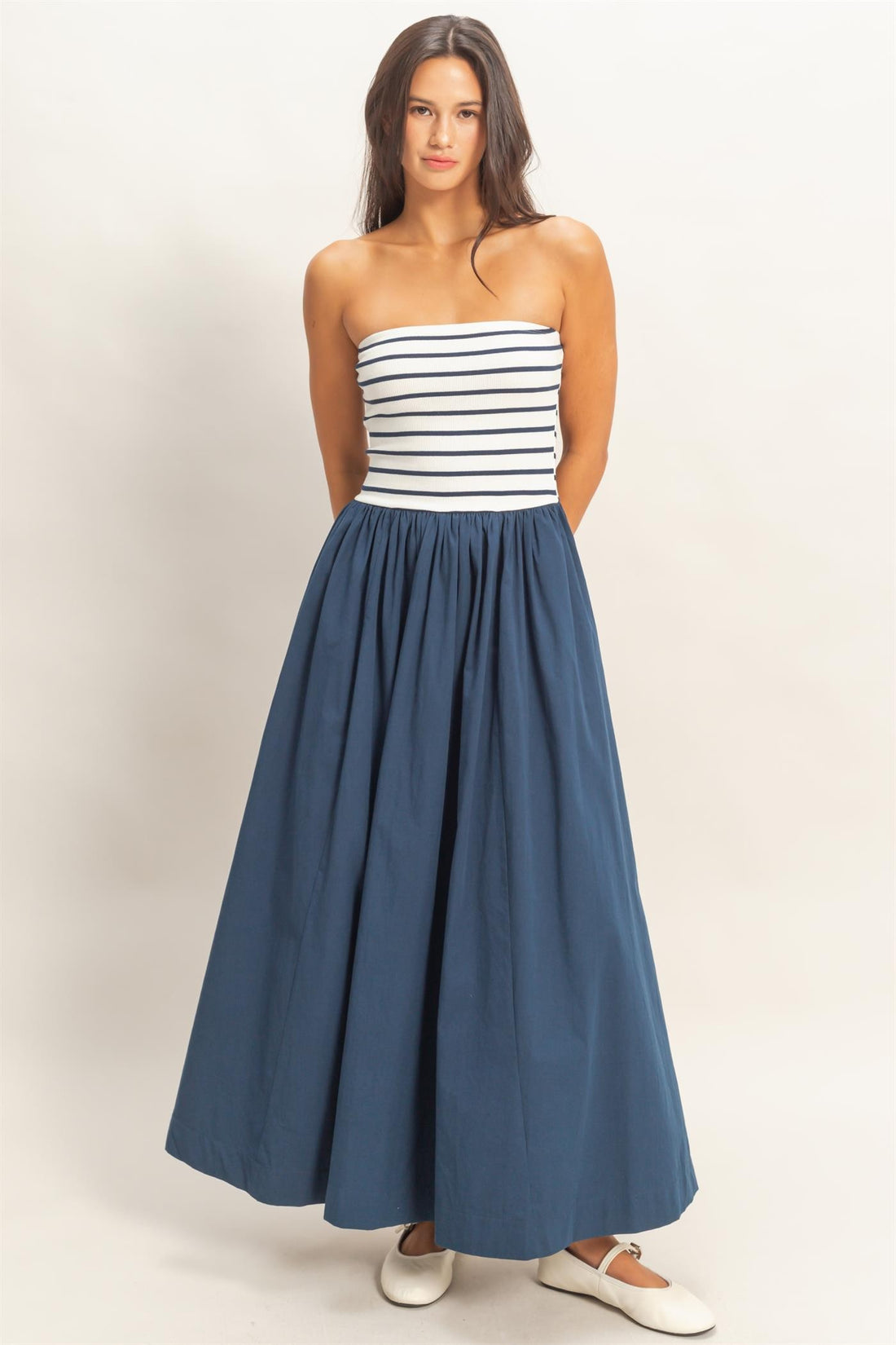 Striped Strapless Contrast Maxi Dress