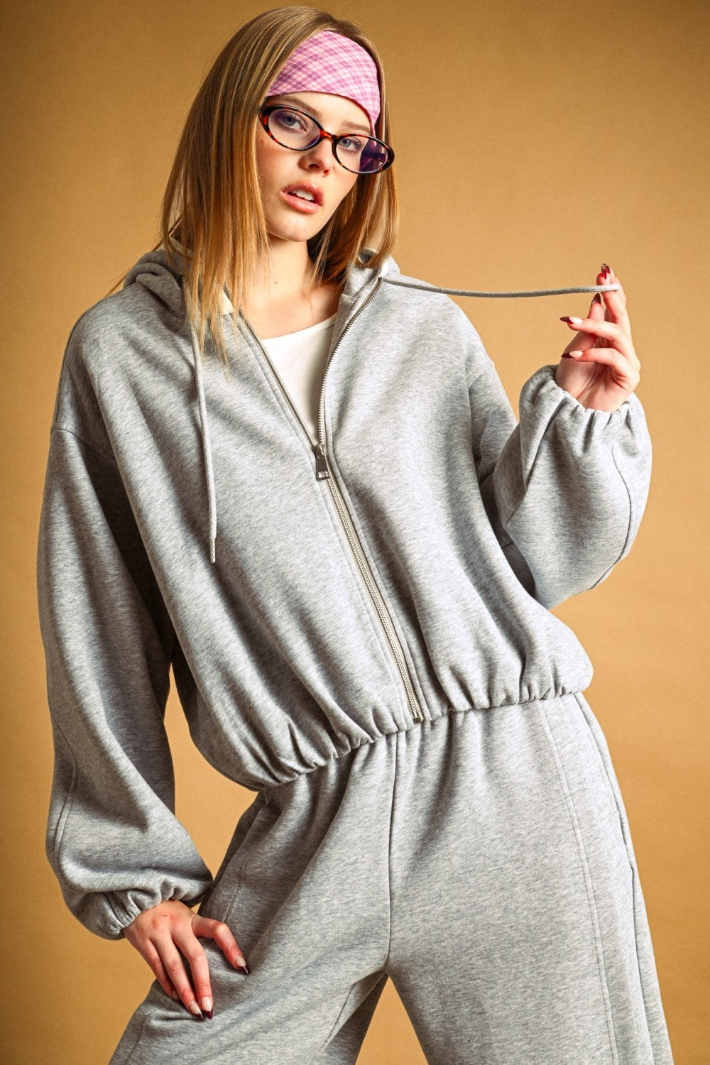 Women’s Oversized Cropped Fleece Zip-Up Hoodie – Bubble Hem