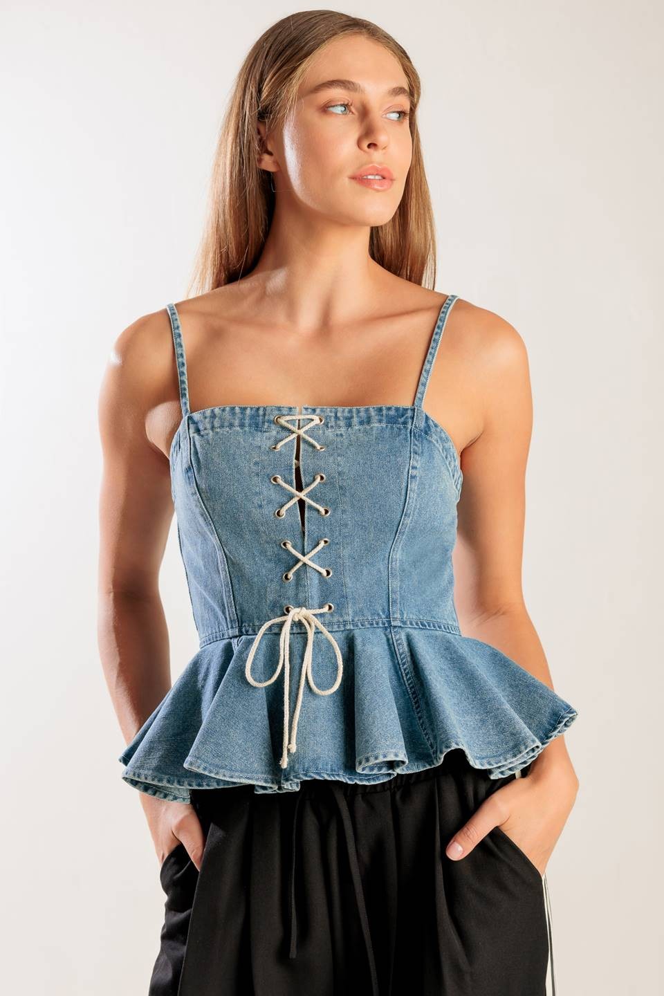 Lace-Up Denim Corset Peplum Top