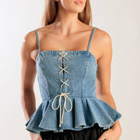 Lace-Up Denim Corset Peplum Top