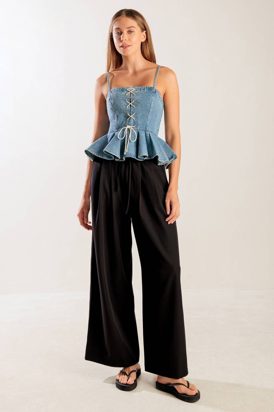 Lace-Up Denim Corset Peplum Top