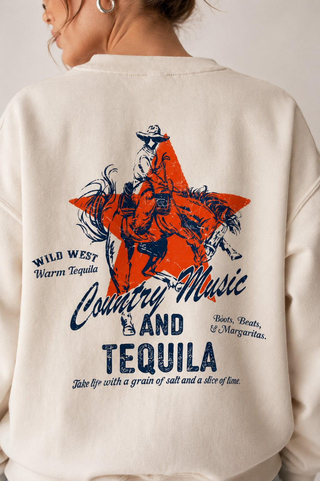 Wild West country music and tequila graphic sweatshirt, back print close-up