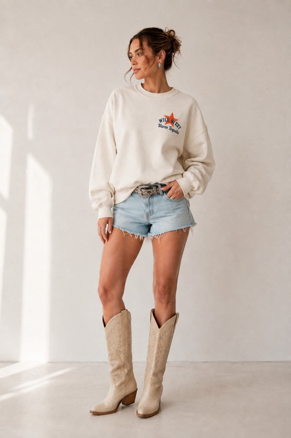 Afterglow western graphic sweatshirt, full-length front view on model