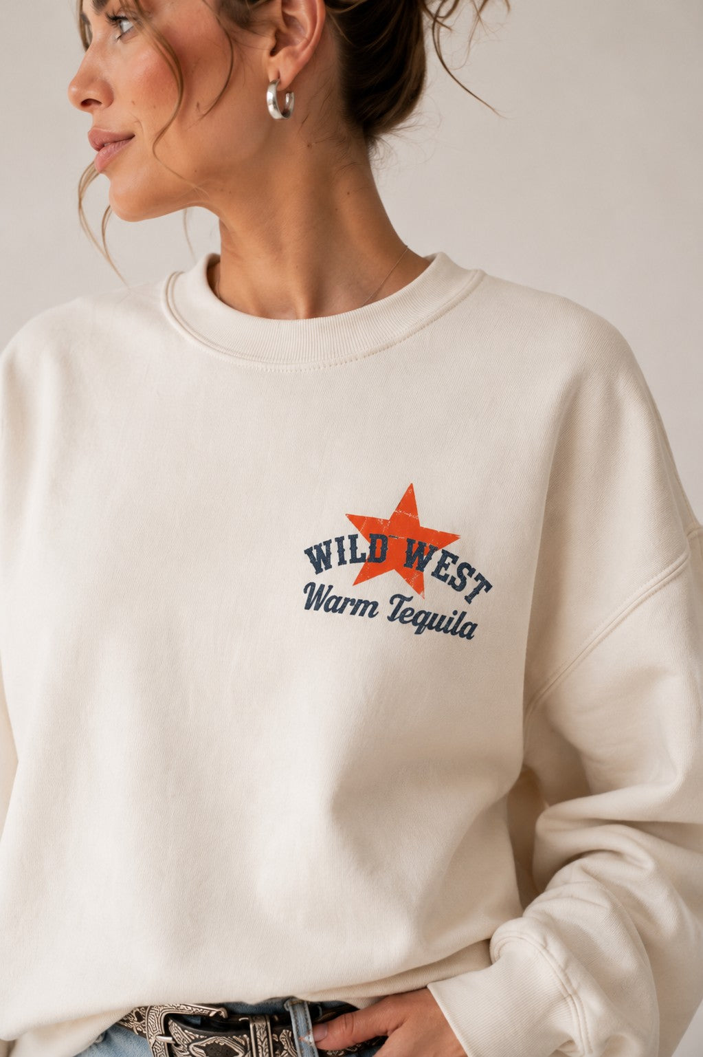 Country music and tequila graphic sweatshirt, left chest print detail