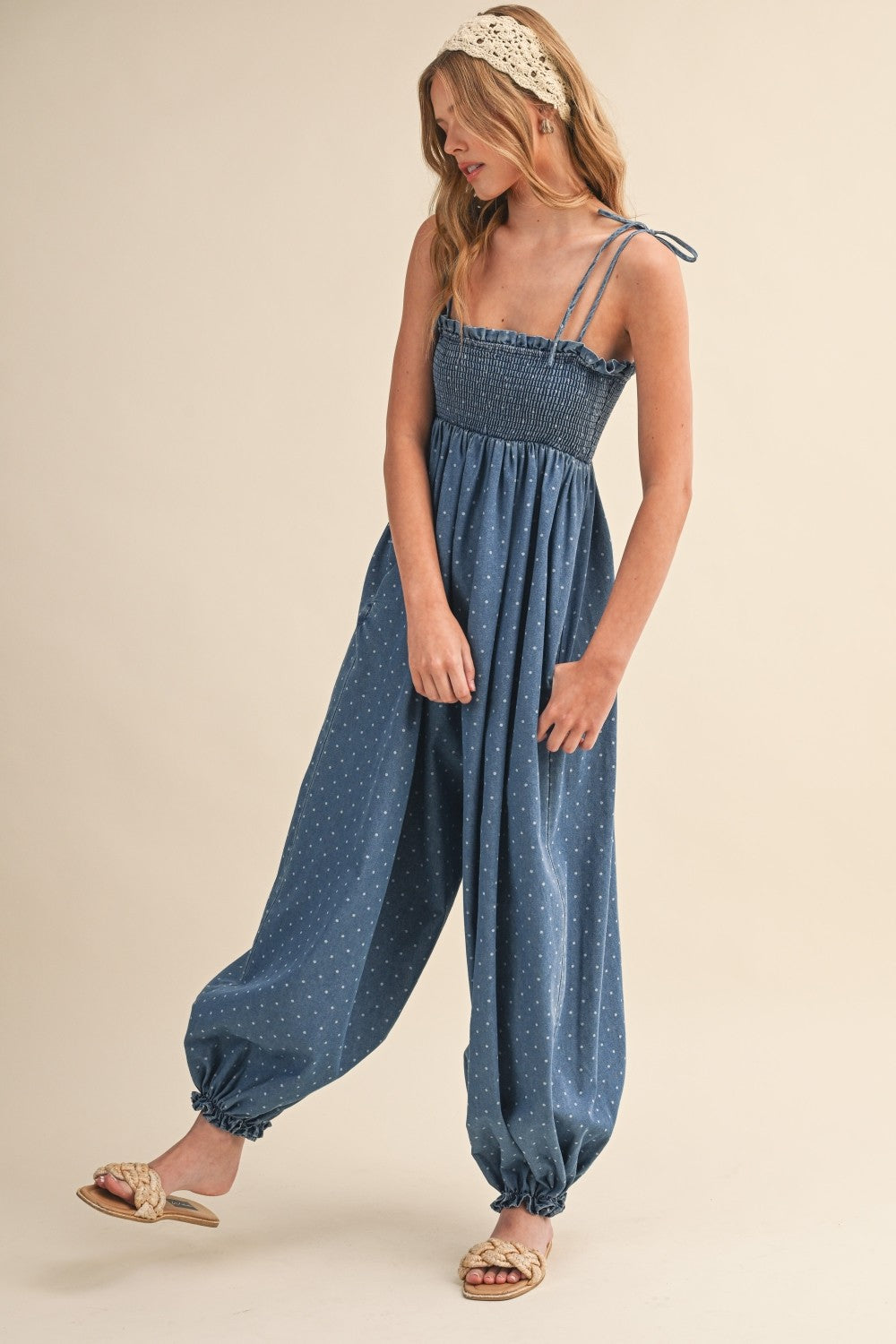Polka Dot Smocked Baggy Jumpsuit