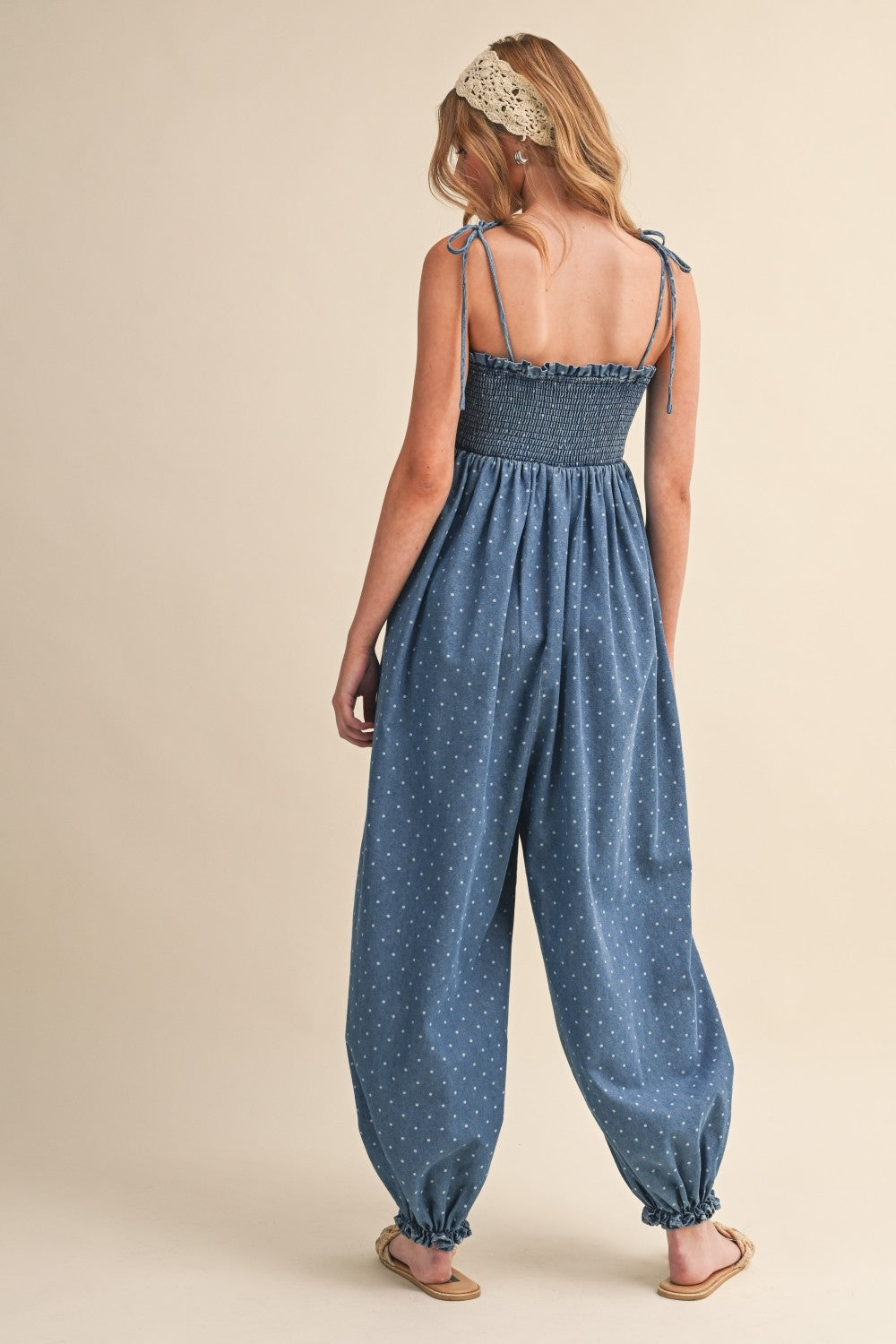 Polka Dot Smocked Baggy Jumpsuit