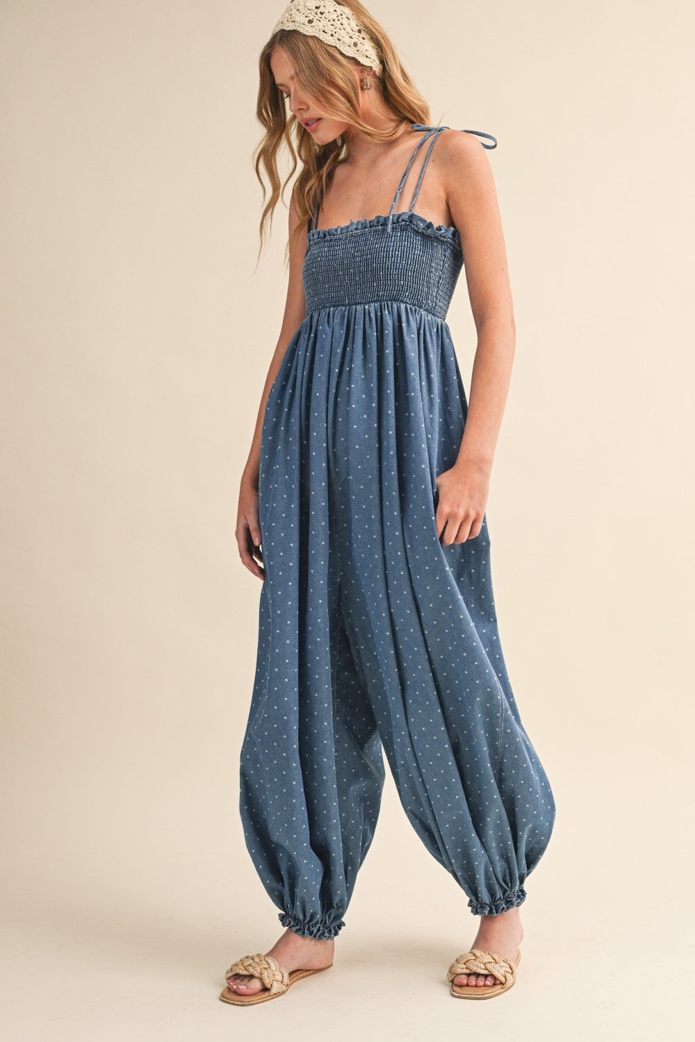 Polka Dot Smocked Baggy Jumpsuit