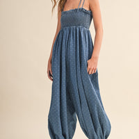 Polka Dot Smocked Baggy Jumpsuit