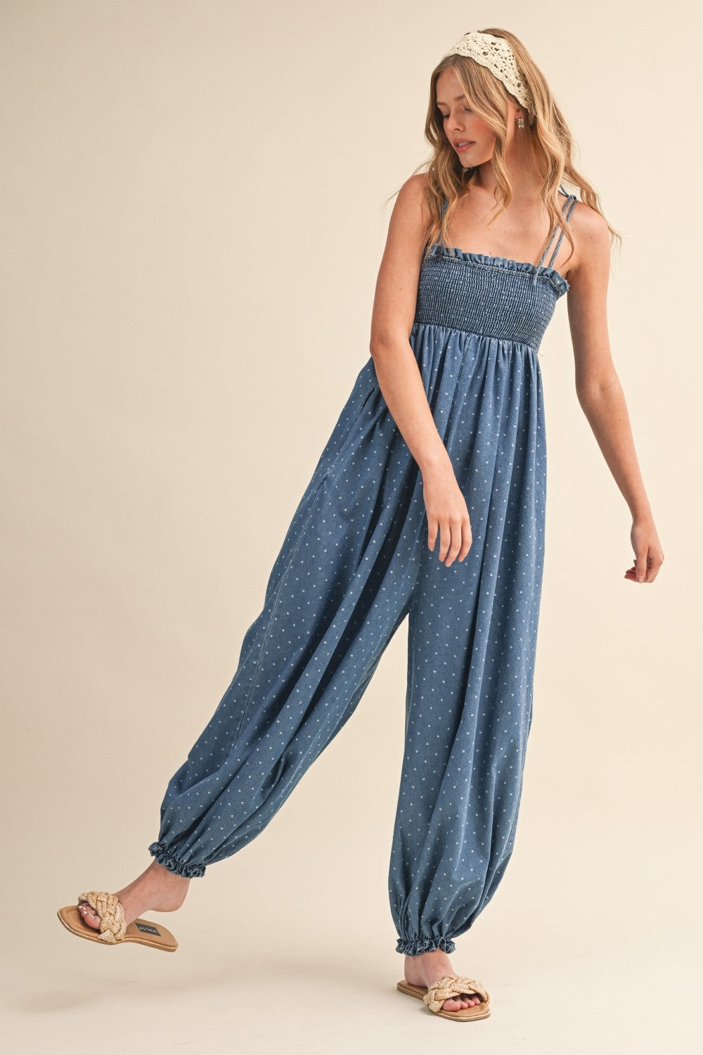 Polka Dot Smocked Baggy Jumpsuit