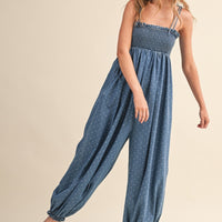 Polka Dot Smocked Baggy Jumpsuit