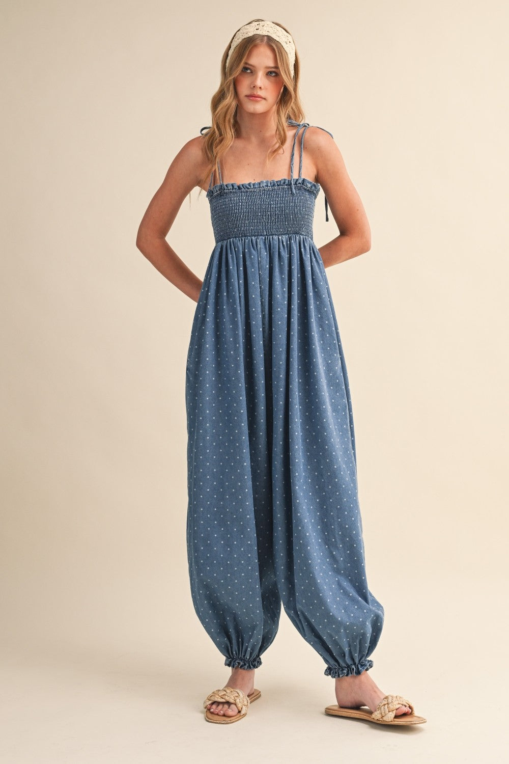 Polka Dot Smocked Baggy Jumpsuit