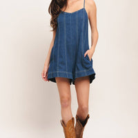 Denim Romper with Open Back Tie