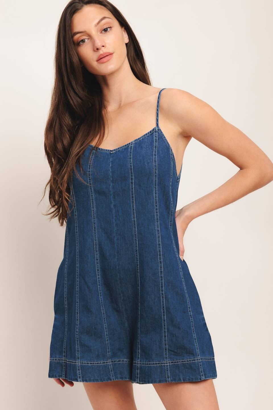 Denim Romper with Open Back Tie