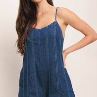 Denim Romper with Open Back Tie