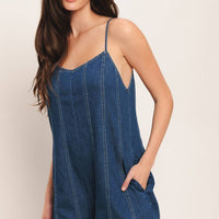 Denim Romper with Open Back Tie