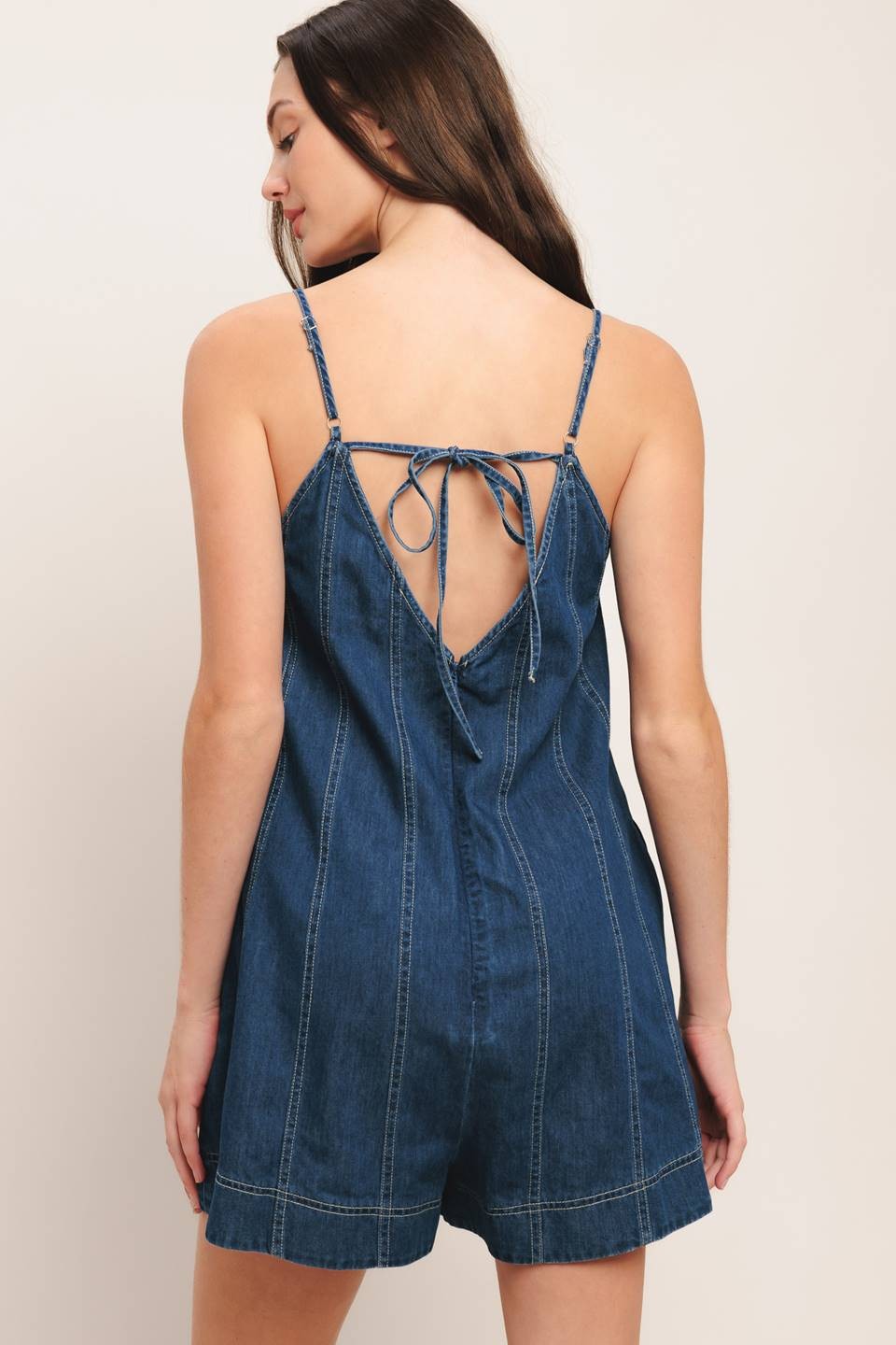 Denim Romper with Open Back Tie