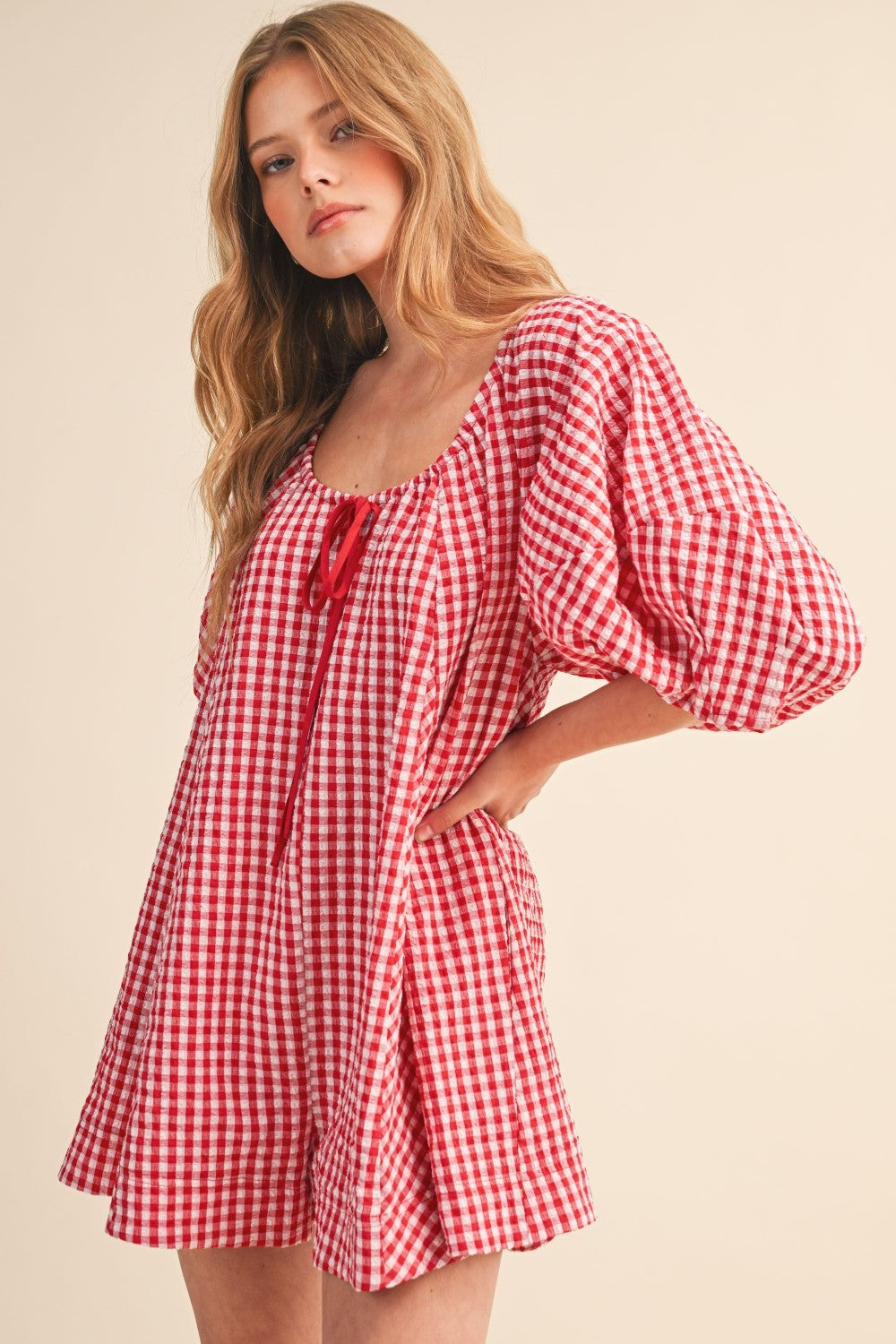 Red Gingham Puff Sleeve Relaxed Fit Romper