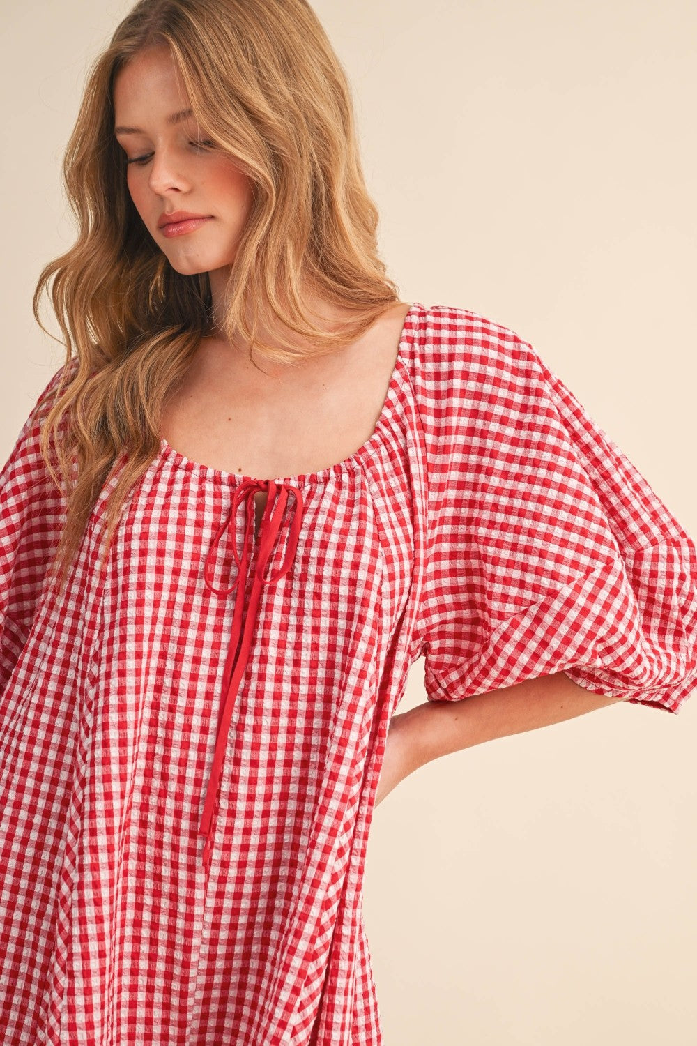 Red Gingham Puff Sleeve Relaxed Fit Romper