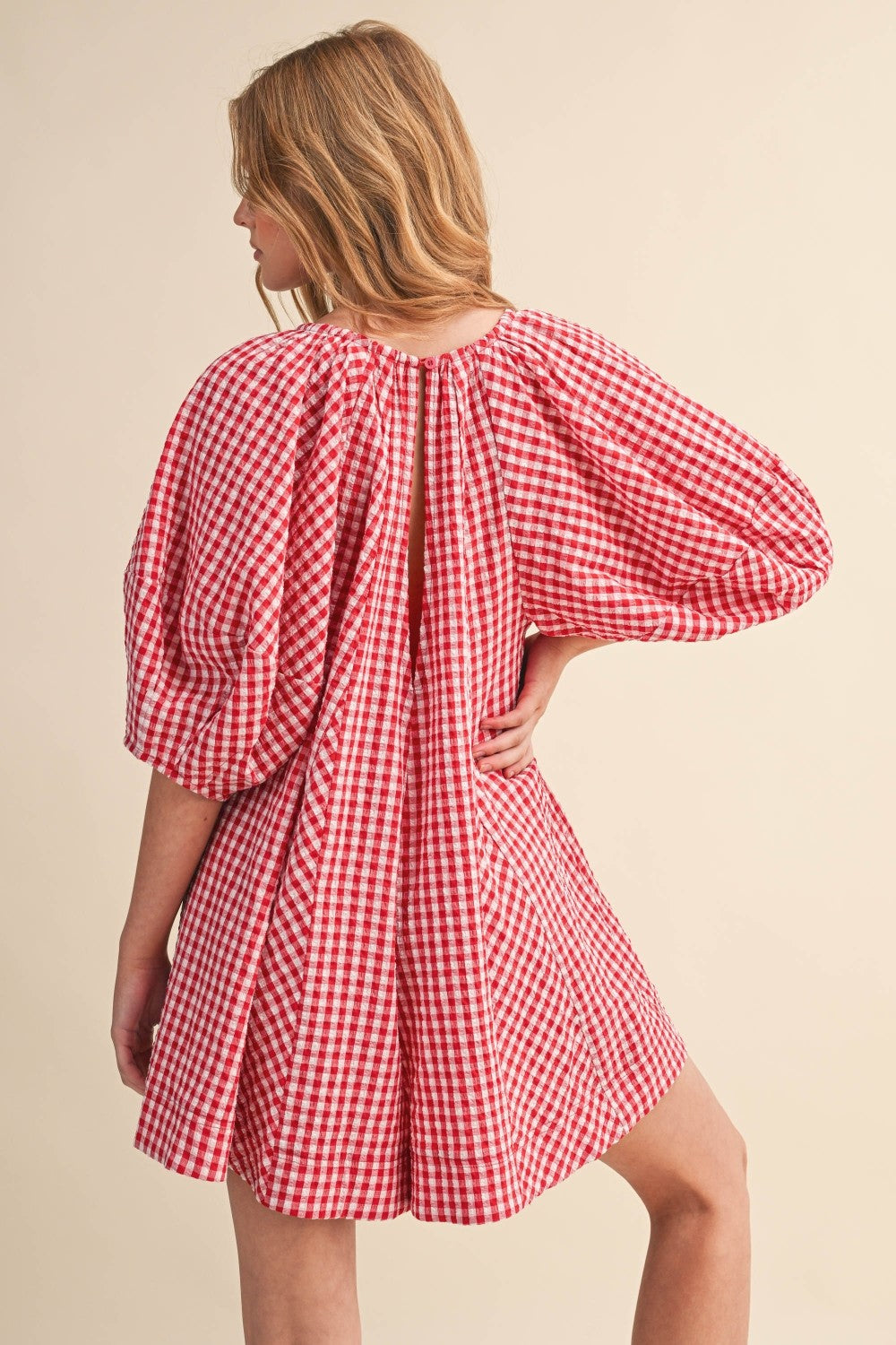 Red Gingham Puff Sleeve Relaxed Fit Romper