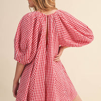 Red Gingham Puff Sleeve Relaxed Fit Romper