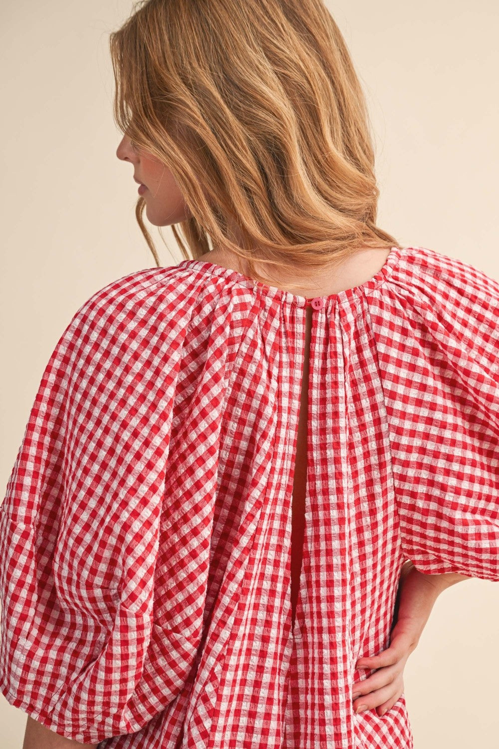 Red Gingham Puff Sleeve Relaxed Fit Romper