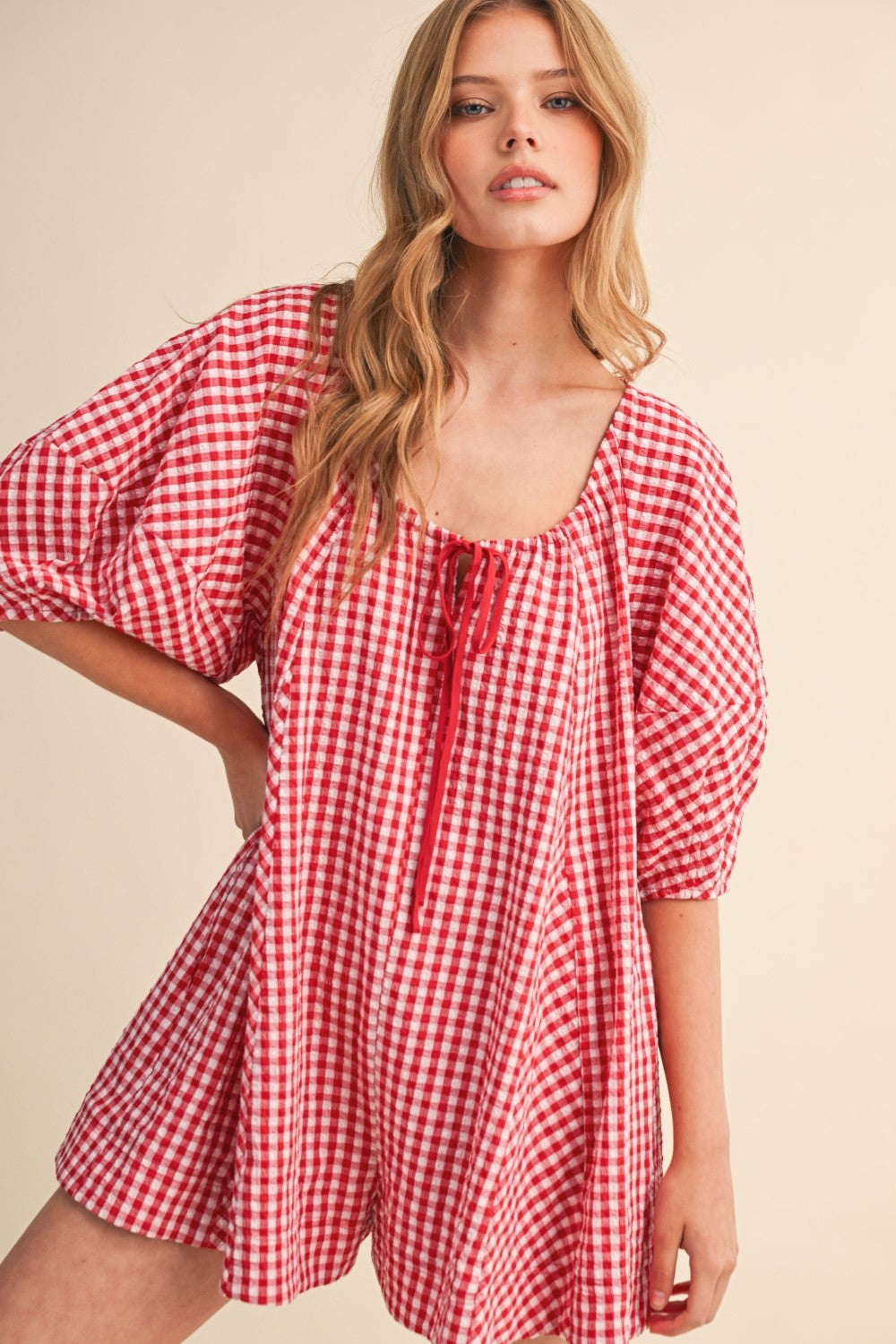 Red Gingham Puff Sleeve Relaxed Fit Romper