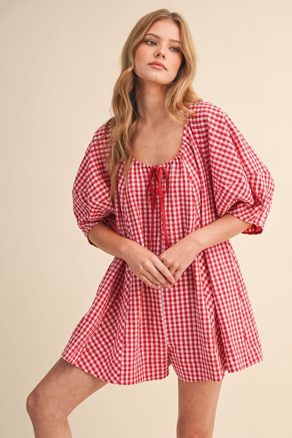 Red Gingham Puff Sleeve Relaxed Fit Romper