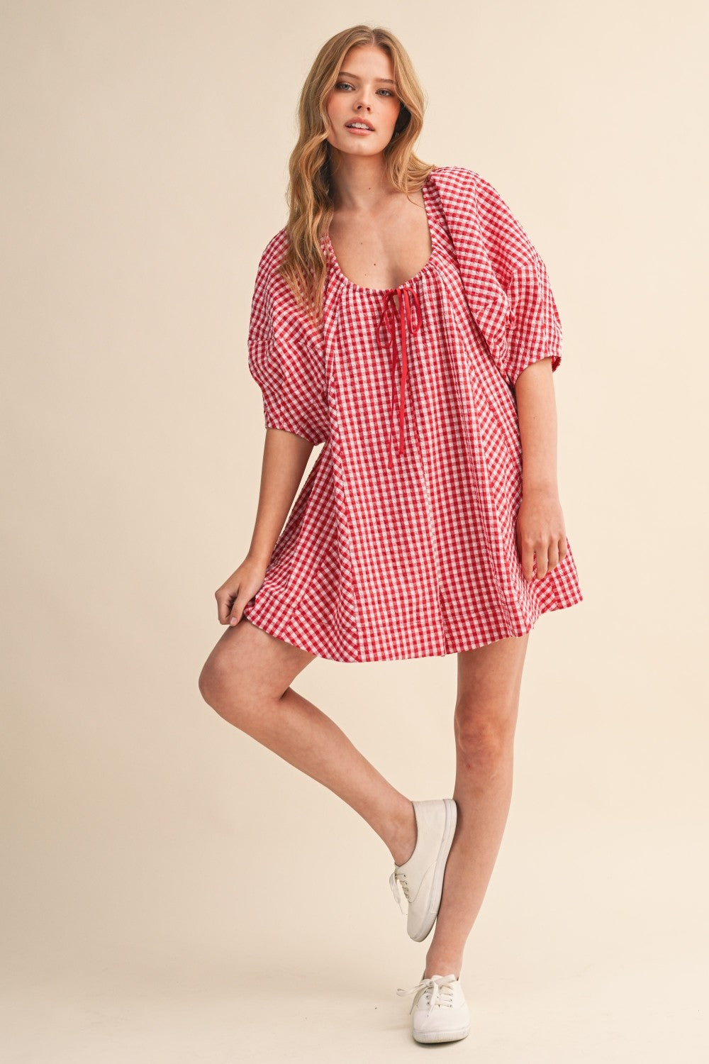 Red Gingham Puff Sleeve Relaxed Fit Romper