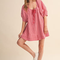 Red Gingham Puff Sleeve Relaxed Fit Romper