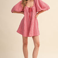 Red Gingham Puff Sleeve Relaxed Fit Romper