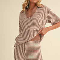 Striped Collared Knit Top & Wide Pants Set