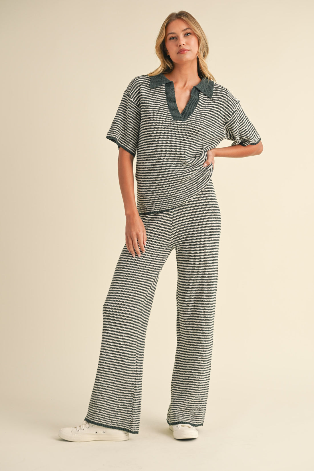 Striped Collared Knit Top & Wide Pants Set