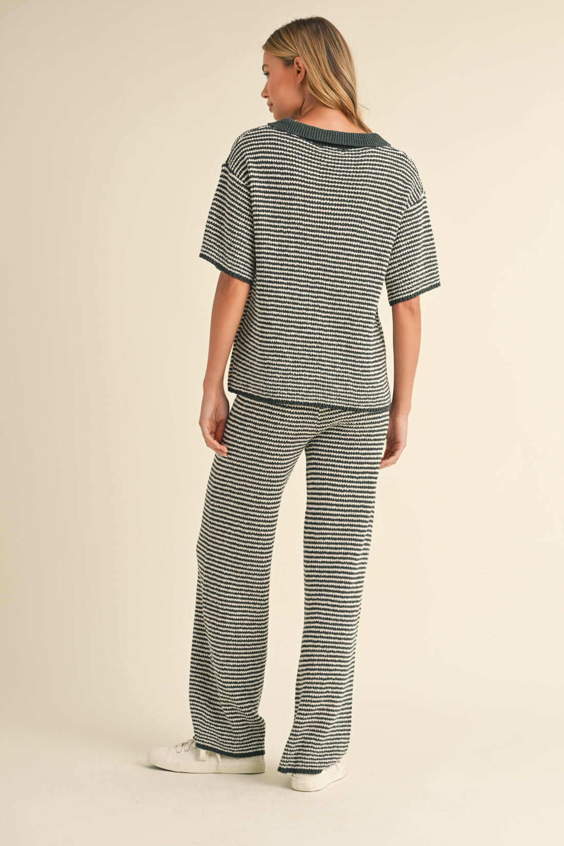 Striped Collared Knit Top & Wide Pants Set